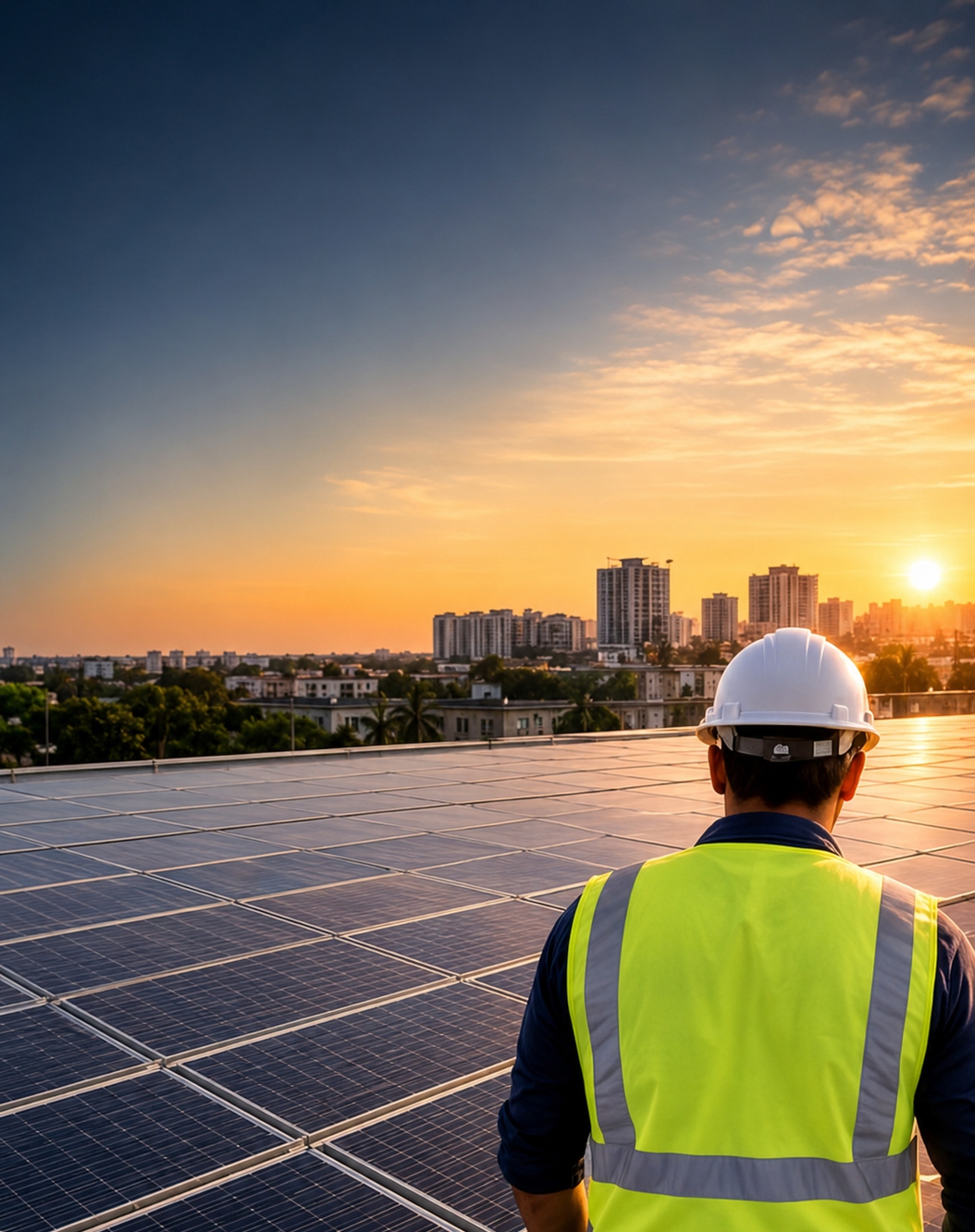 Solar engineer inspecting a rooftop installation